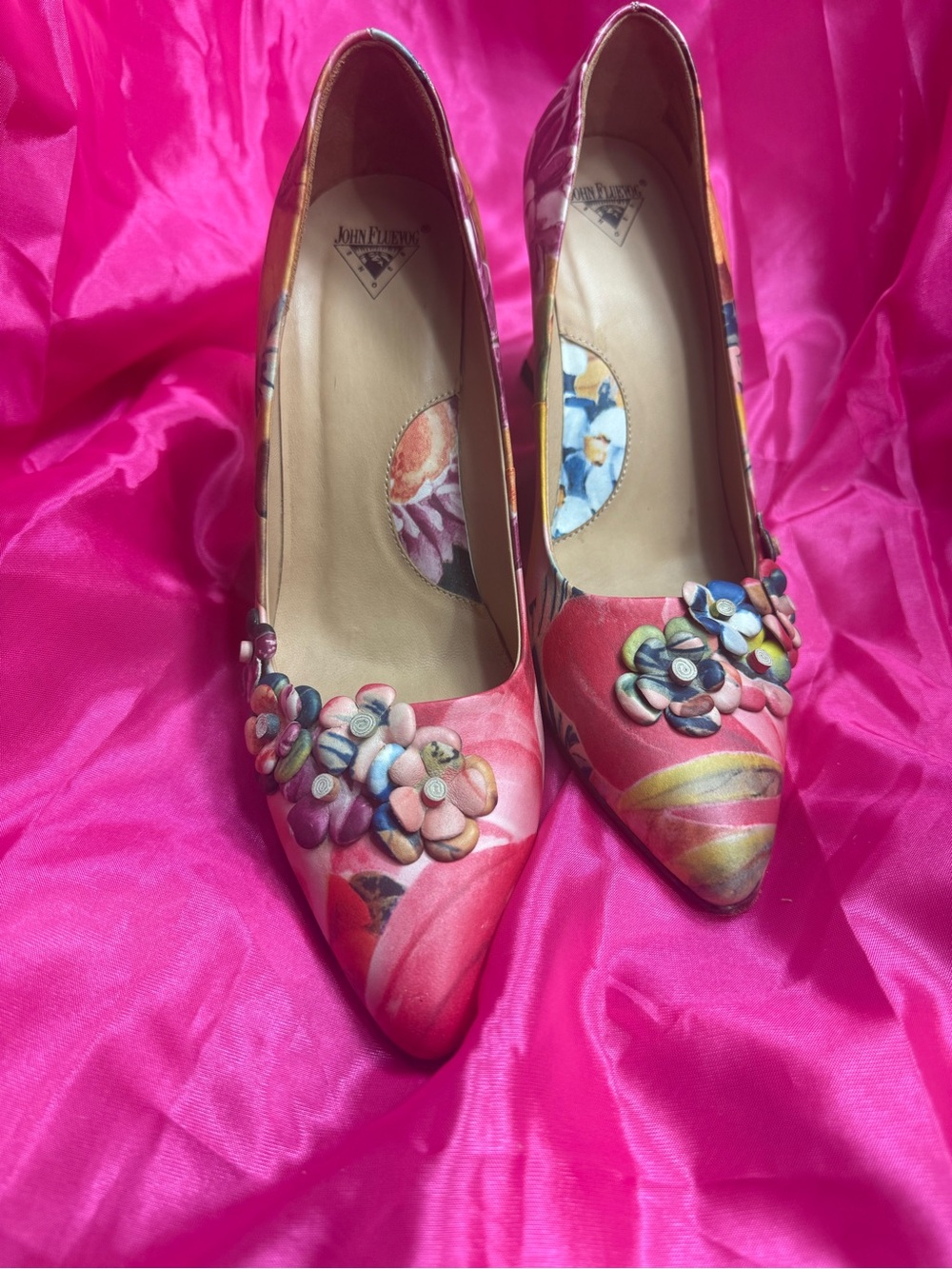 John Fluevog Pink Floral Appliqué Pointed Toe Pumps